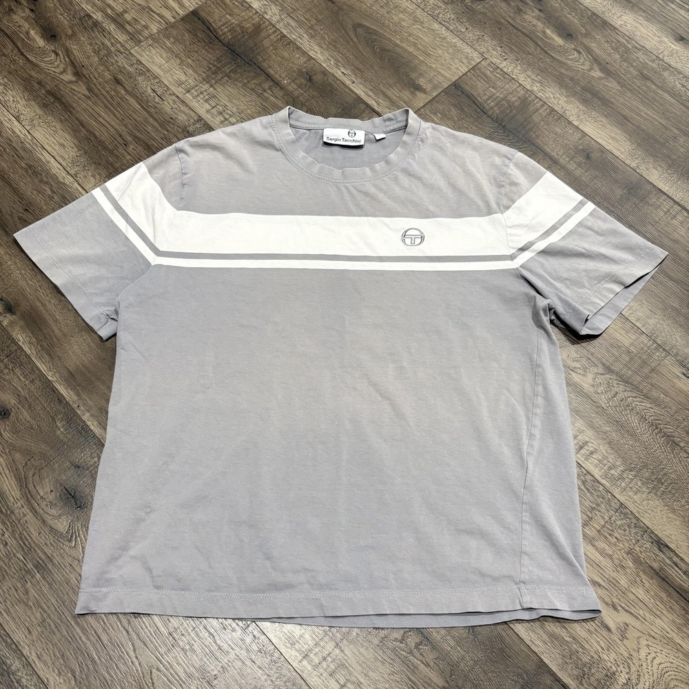 Sergio Tacchini Shirt Mens Large Gray Striped Logo Cotton Crewneck Tee Casual